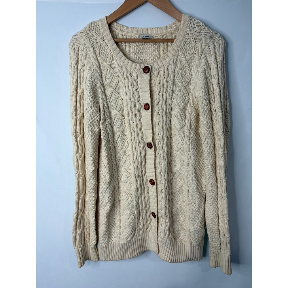 LL Bean Womens Cream Cable Knit Cotton Cardigan Sweater Sz L Old Money Fisherman